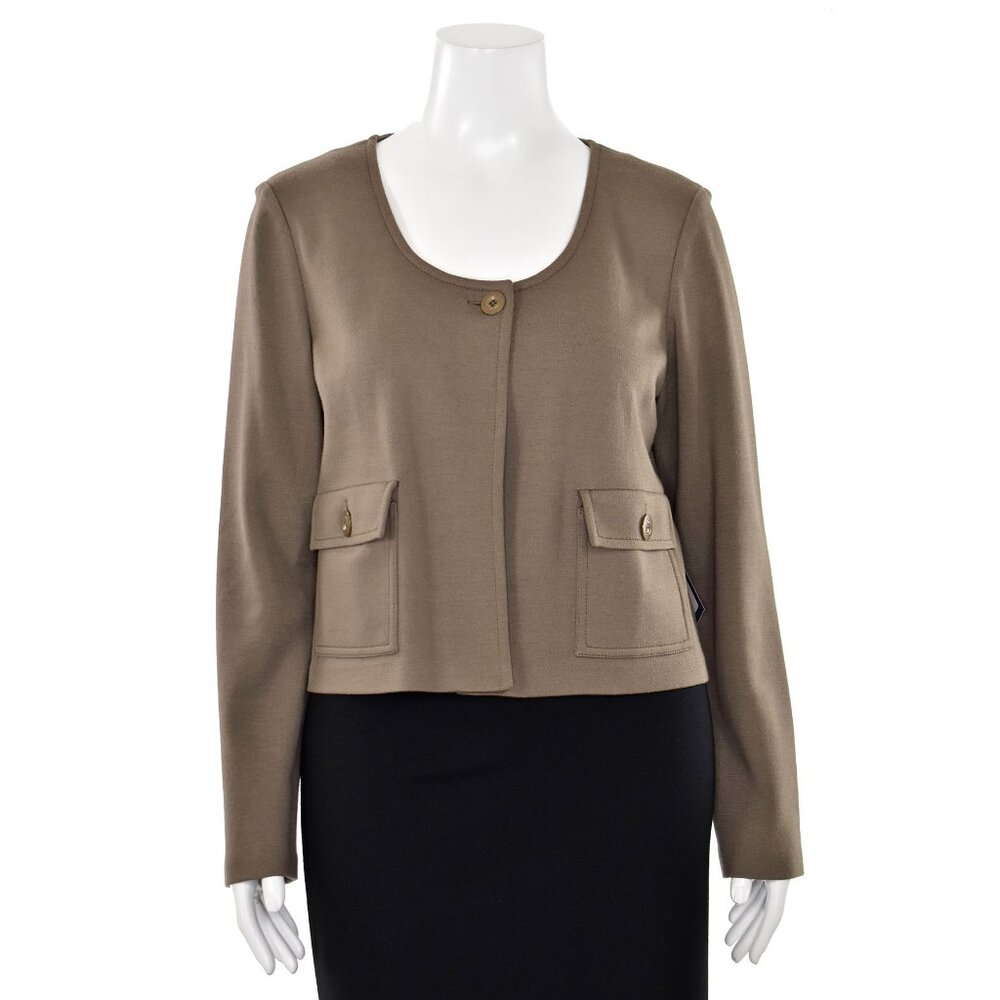 St. John Knits Short Scoop Neck Milano Knit Jacket in Taupe sz 16